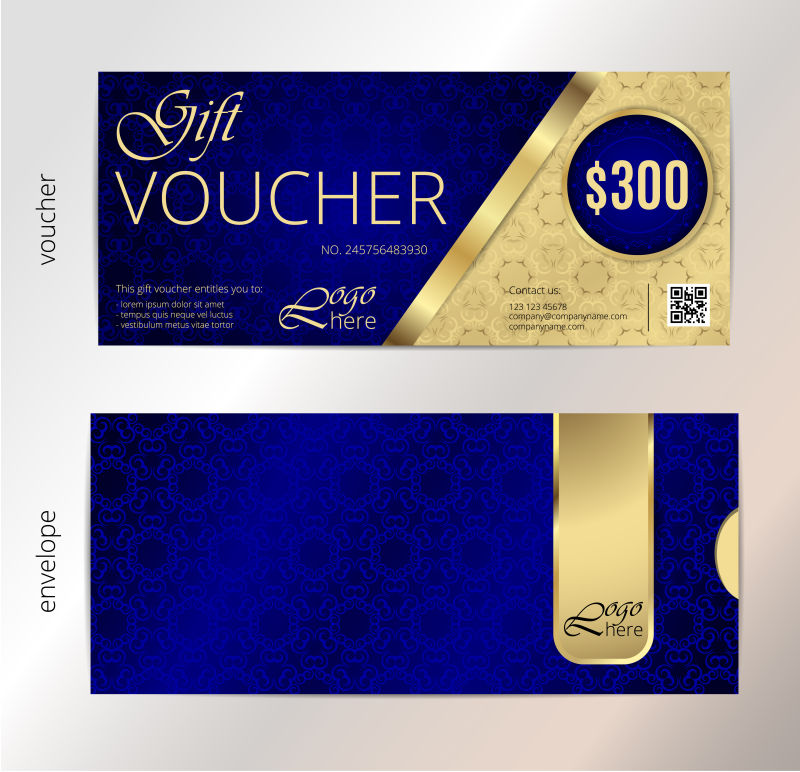 矢量金色花纹的蓝色代币券设计