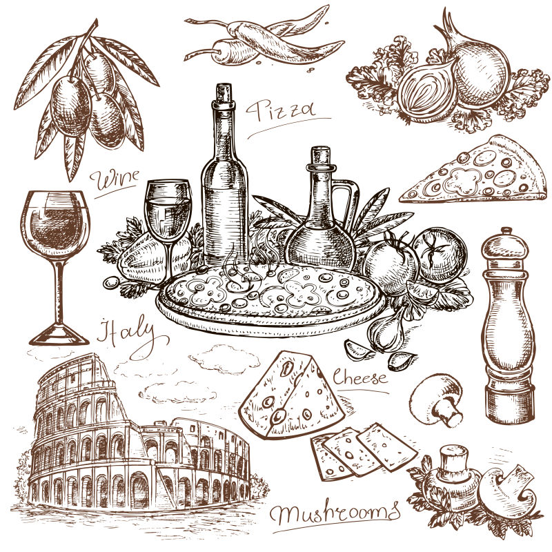 手绘风格的披萨食物矢量插图