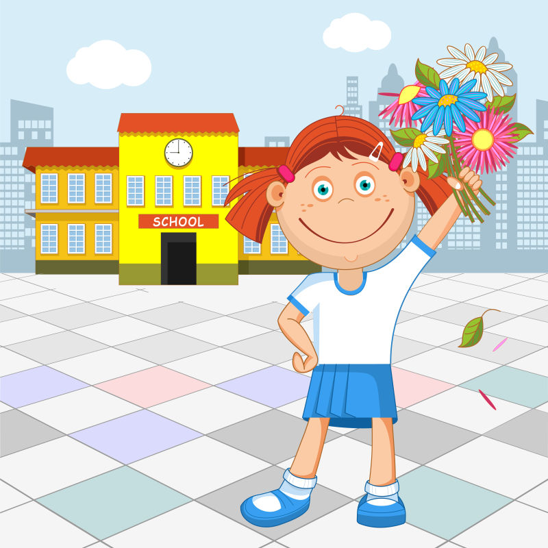 手里拿着花束的卡通女学生矢量插图