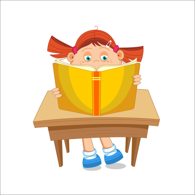 阅读课本的小女孩矢量插图