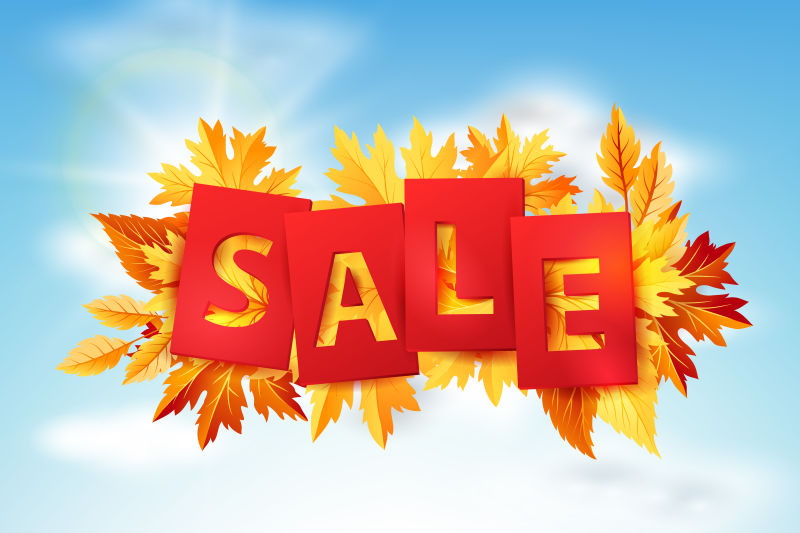 创意矢量蓝天上的落叶和促销标签