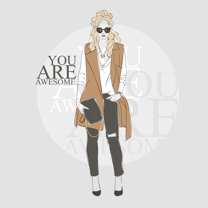 身穿无袖风衣的时尚女孩矢量插图