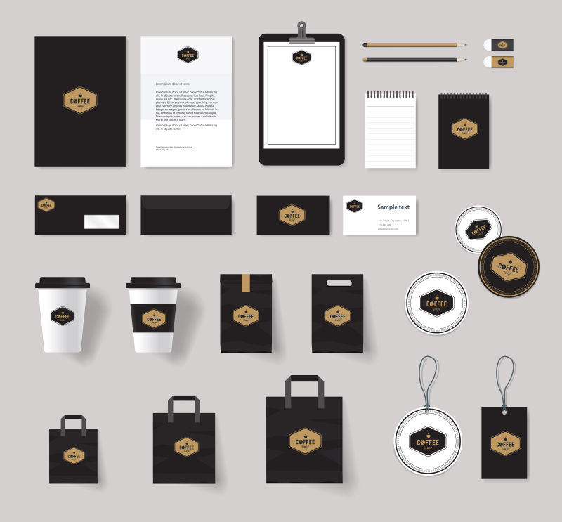 矢量现代黑色咖啡店图标的企业宣传设计