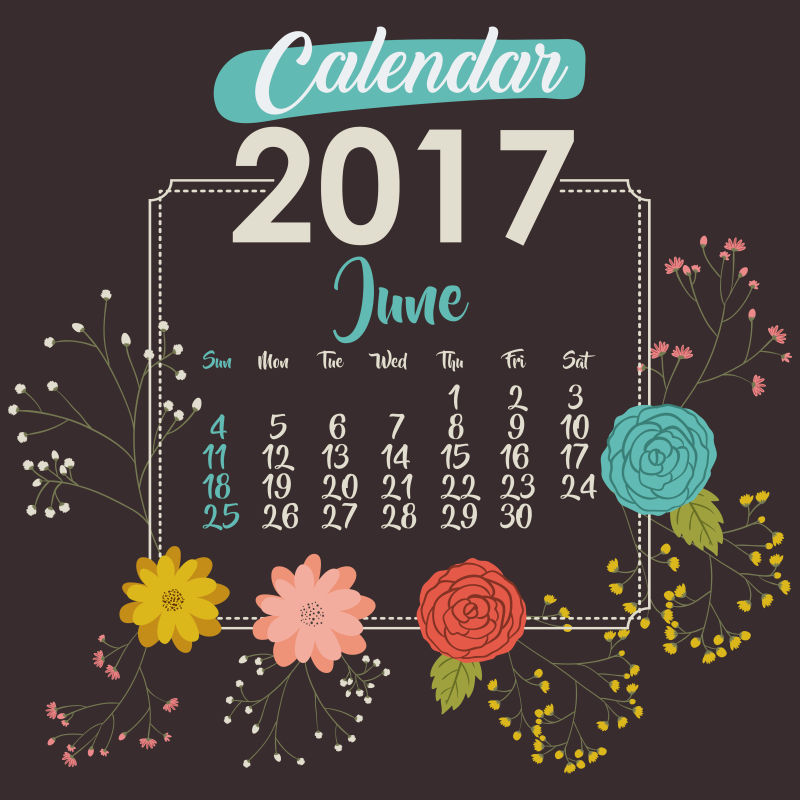 鲜花图案的矢量黑色日历设计