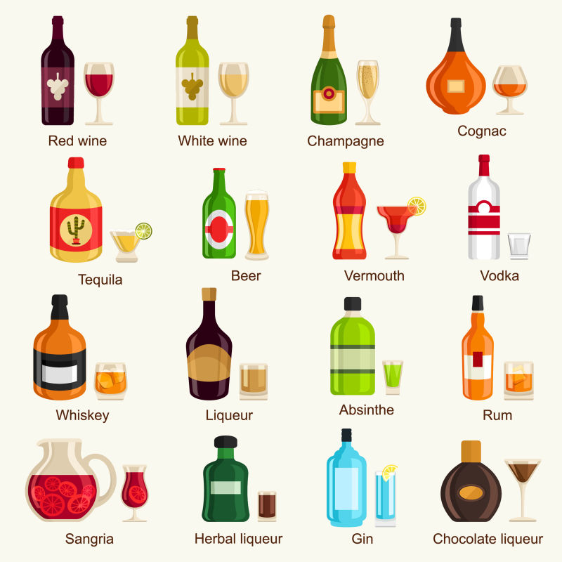 矢量酒精饮料的平面插图设计