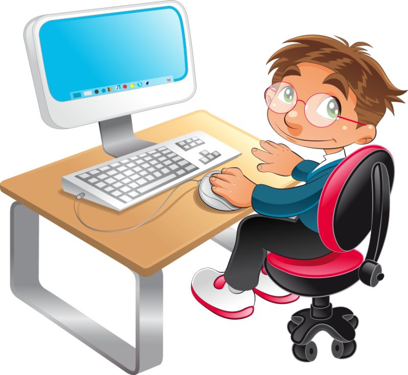 电脑前的小学生卡通矢量插图