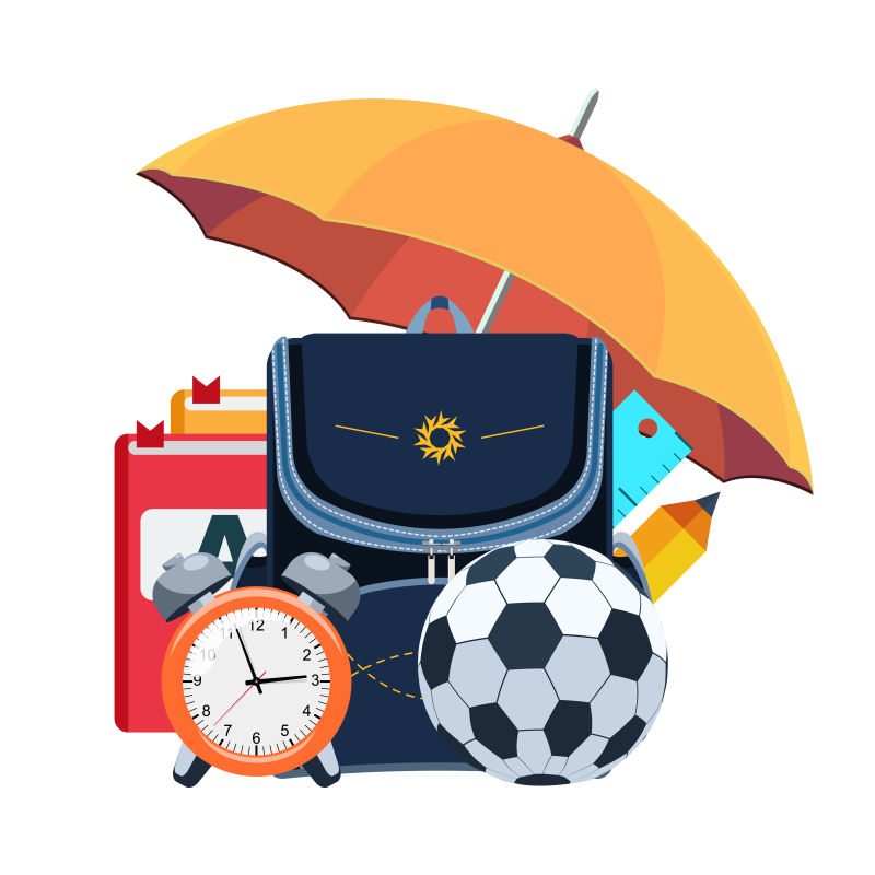 矢量的学习用品和橘色雨伞卡通插图