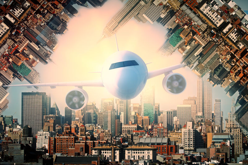 城市抽象背景下的飞机前行