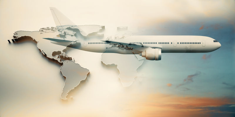 天空背景下飞机旅游和世界地图