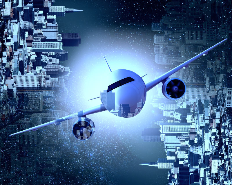 城市夜景背景下的飞机