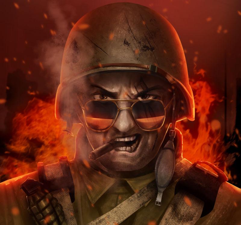 燃烧着愤怒火焰的美国士兵