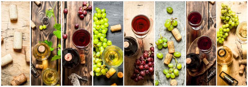 红葡萄酒和葡萄的拼贴背景