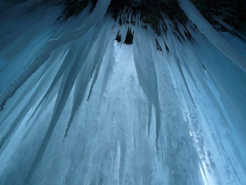 崖洞里垂挂着密密麻麻的白色冰柱