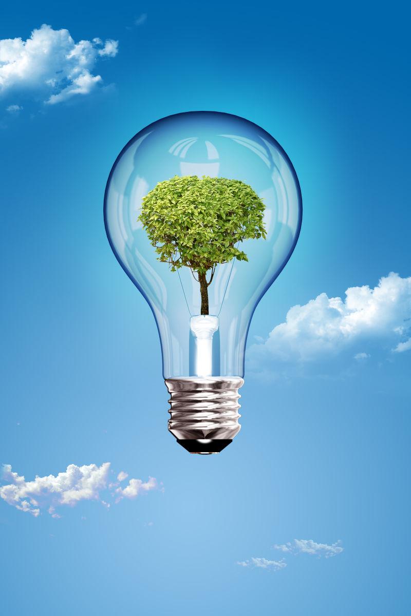 绿色大树长在灯泡里面的创意