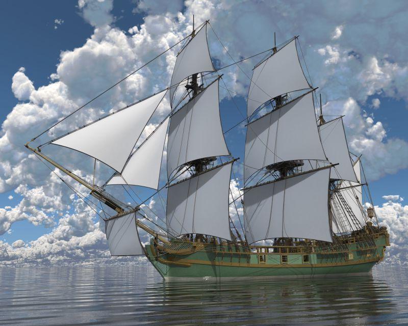 蓝天背景中海面上的白色帆船