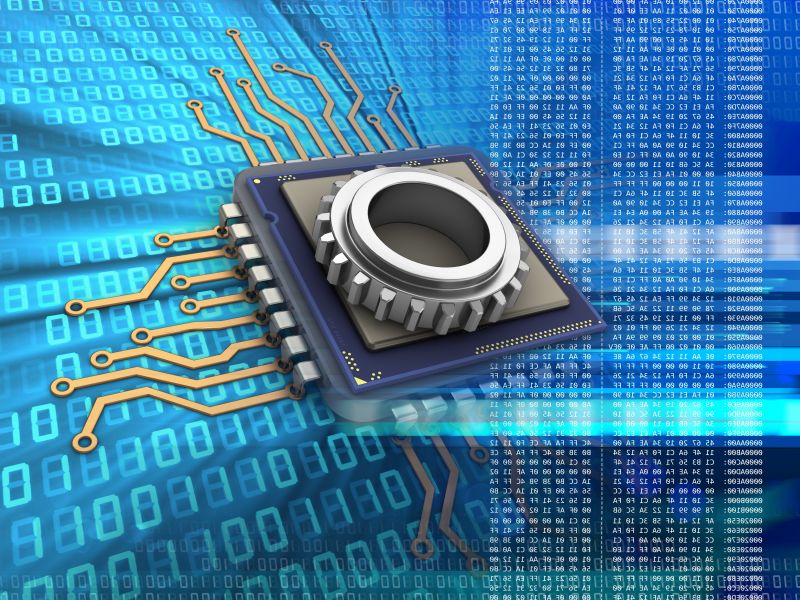 数字背景下带齿轮电子微处理器的三维图解