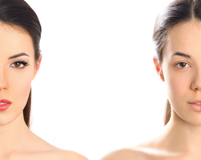 女人左右脸化妆前后对比