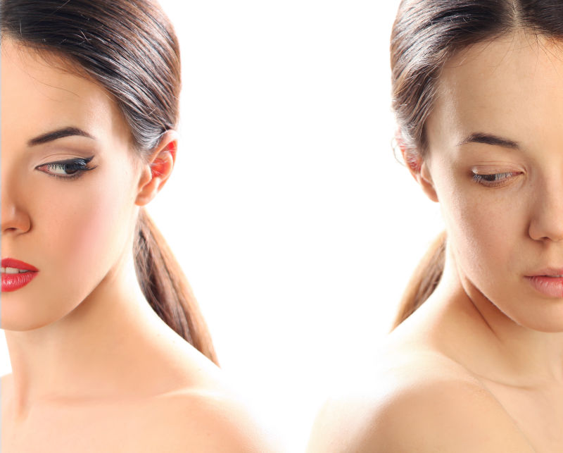 美女素颜和化妆后对比