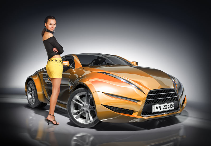 矢量的橙色跑车和美女车模