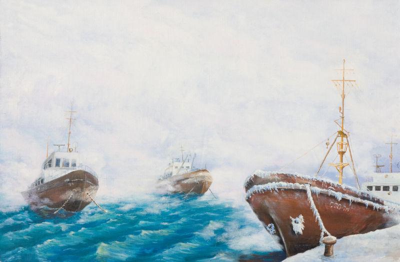 港口拖网捕鱼船油画 