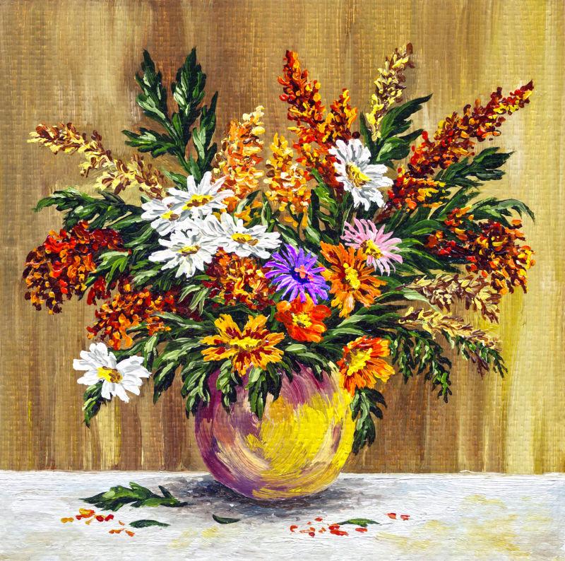 褐色背景下画布上花瓶里的野花油画