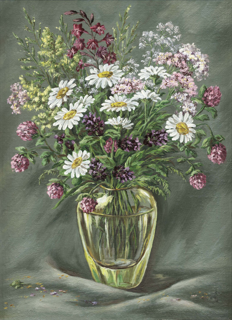 “带野花的玻璃花瓶”油画