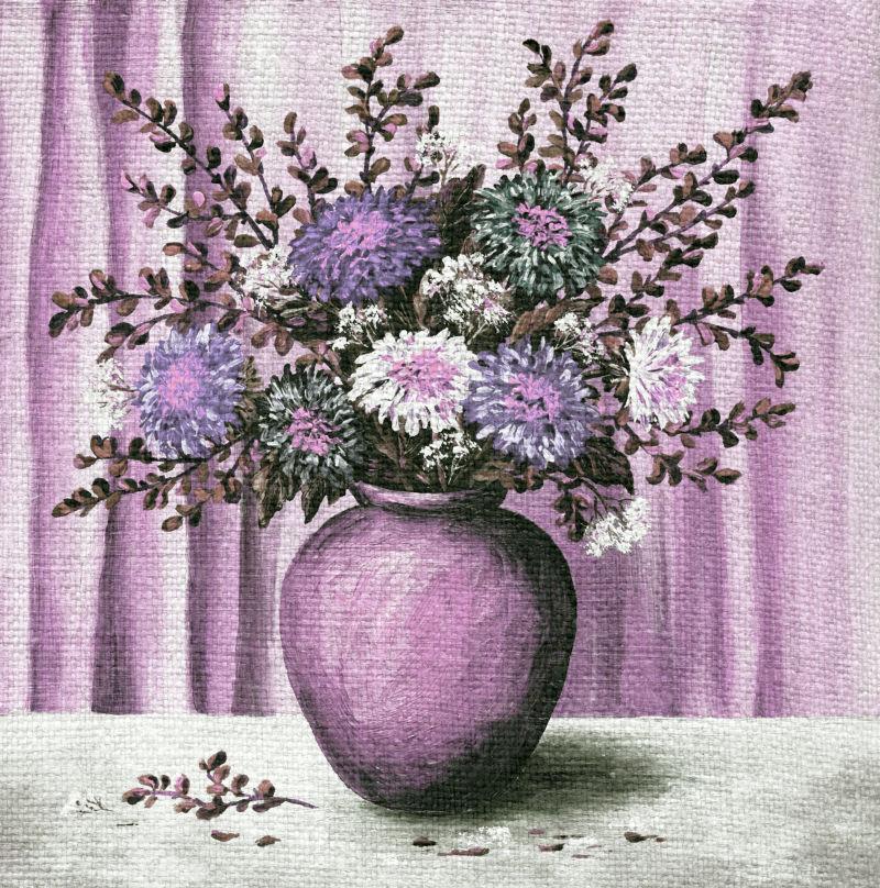 画布上插在花瓶中的花朵油画