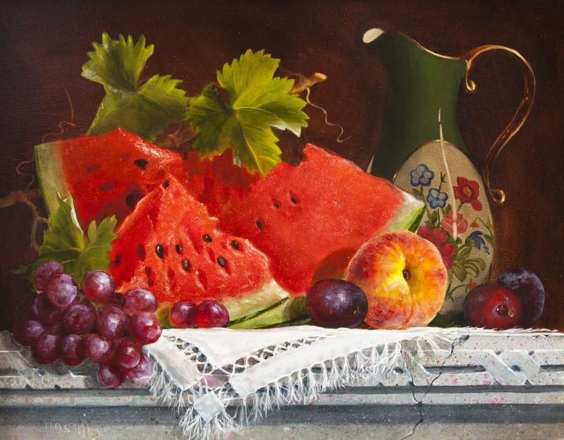 暗红色背景下白色桌上的西瓜葡萄等水果油画