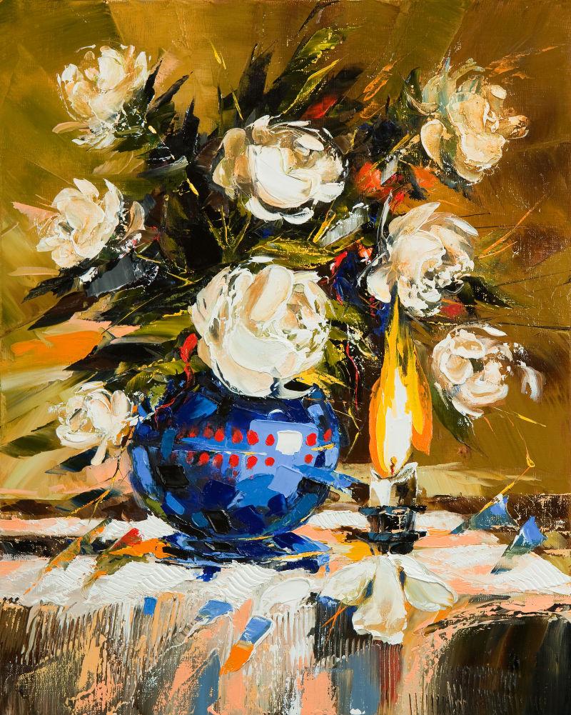 蓝色瓶子装着花的油画