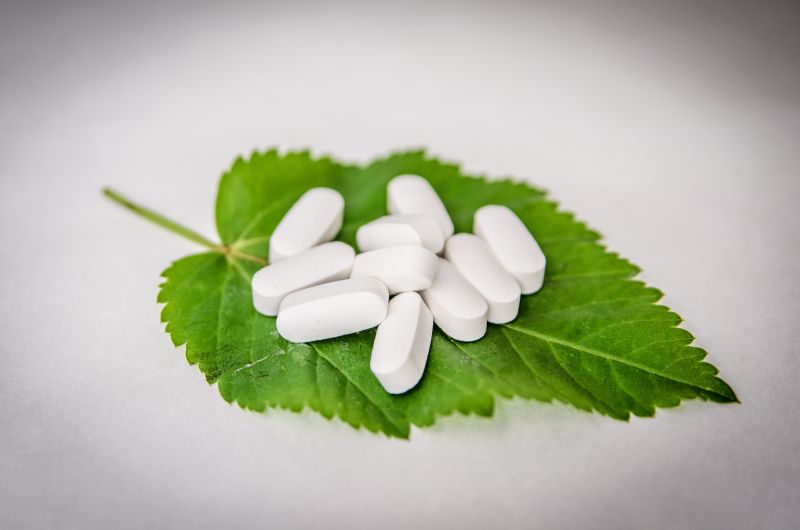 放在绿色树叶上的白色药丸