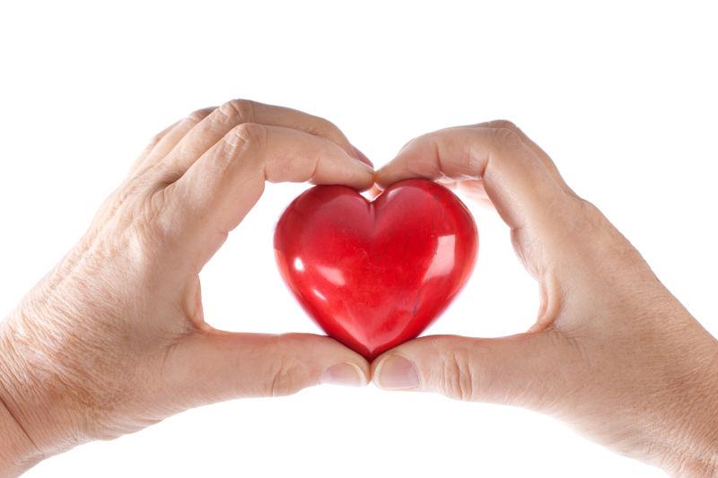 白色背景下拿着红心的手