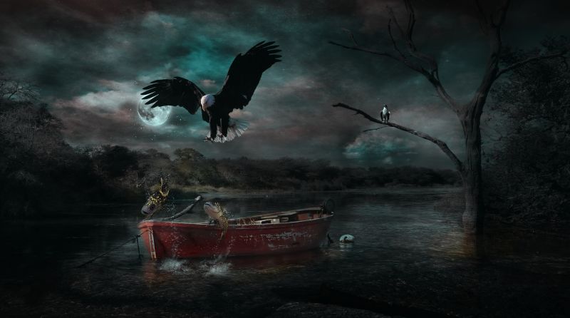 暗黑背景中水面上的小船和飞翔的鹰