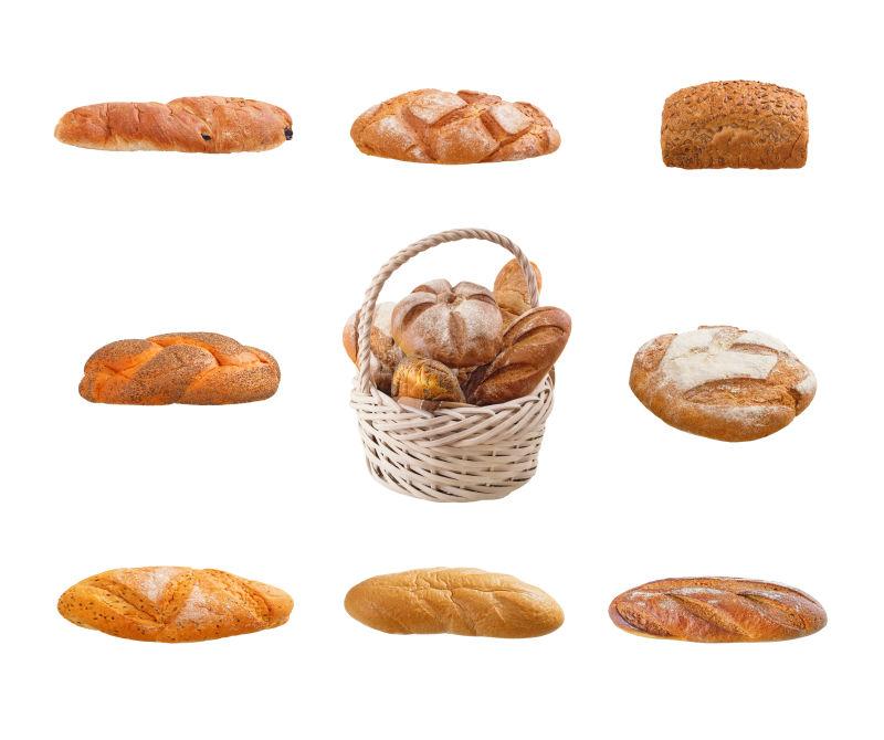白色背景上不同形状的美味面包