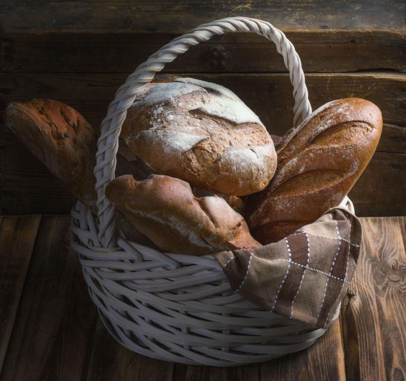 篮子里的面包图片 木桌上的篮子里放着美味的面包素材 高清图片 摄影照片 寻图免费打包下载