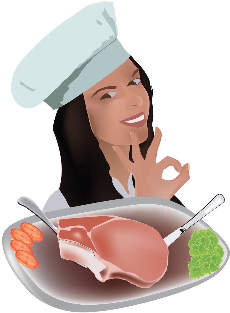 女厨师和烤肉矢量插图