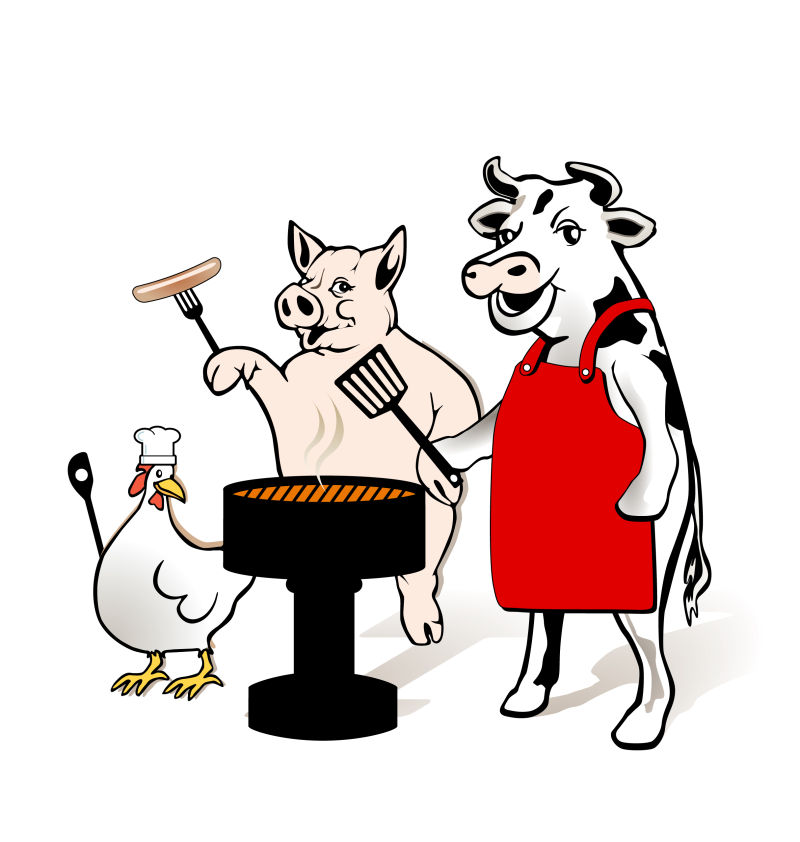 一起进行烧烤的农场动物矢量插图