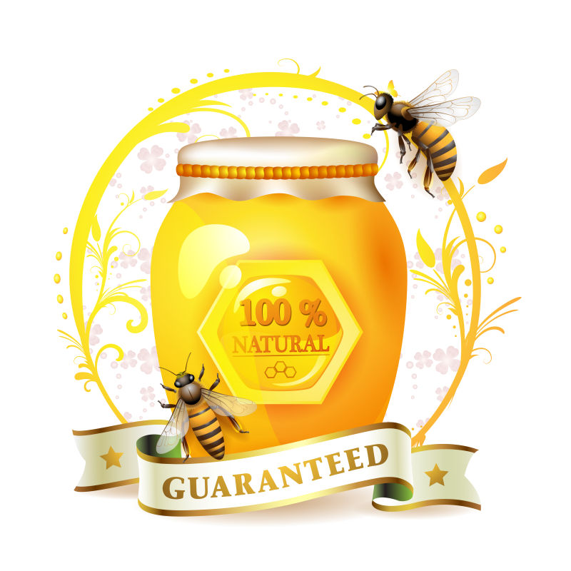 创意矢量天然蜂蜜罐头和蜜蜂