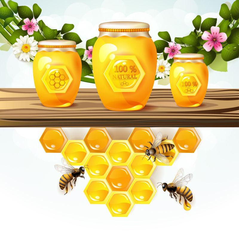 创意矢量天然玻璃瓶和蜂蜜