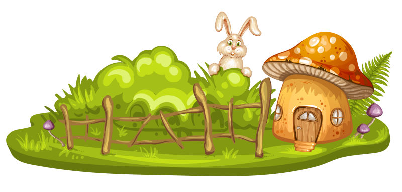 矢量卡通深林里的可爱的蘑菇屋