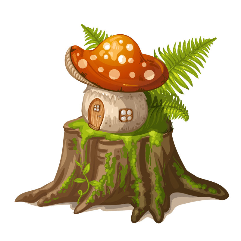 创意矢量树桩上的卡通蘑菇屋
