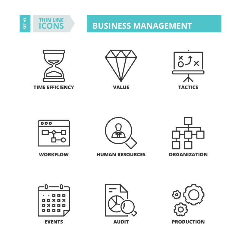 矢量细线风格的企业管理图标设计
