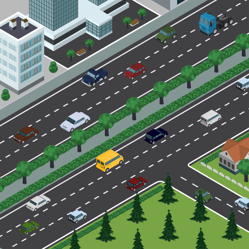 创意矢量有车辆的城镇街道