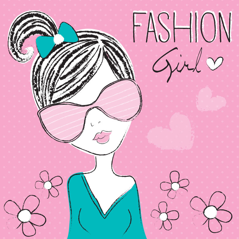 穿着蓝色上衣的可爱女孩矢量插图