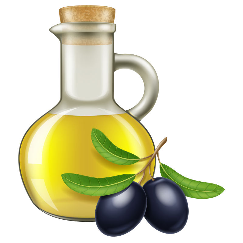 矢量橄榄和瓶子里的橄榄油