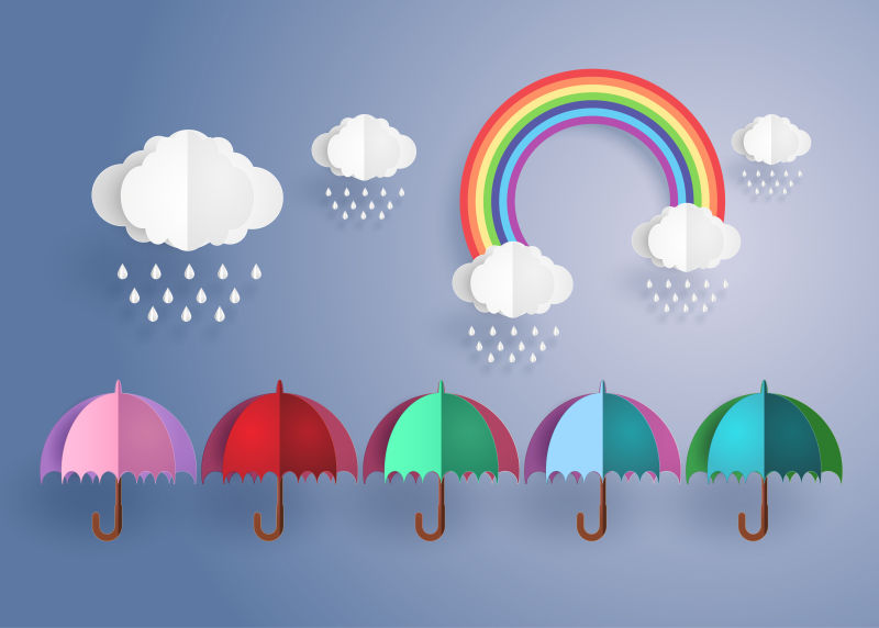 矢量彩虹下的伞折纸