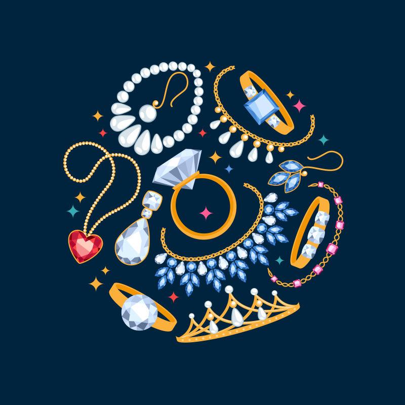 戒指耳环珍珠珠和宝石矢量饰品设计