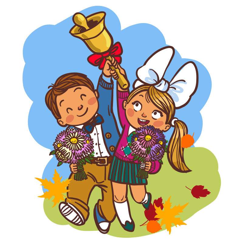 拿着金色铃铛的学生矢量插图