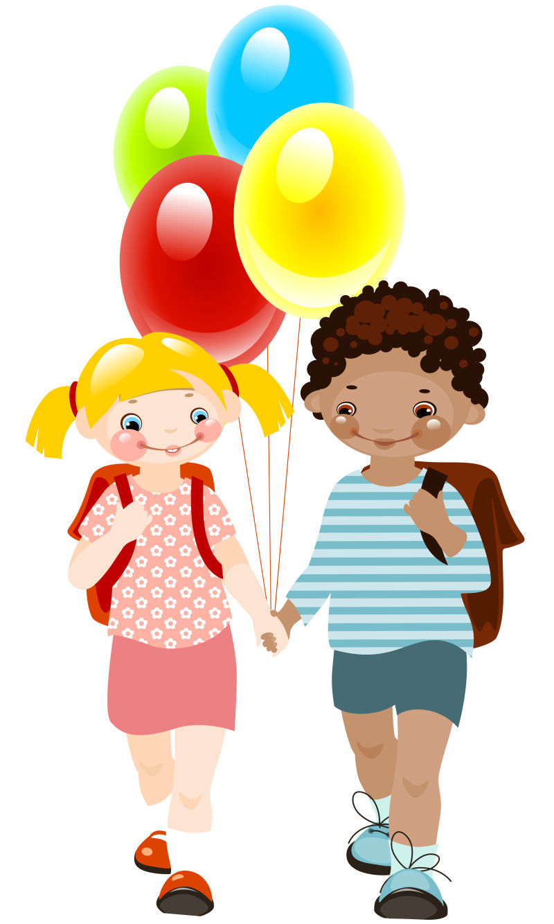 拿着一束气球上学的学生矢量插图