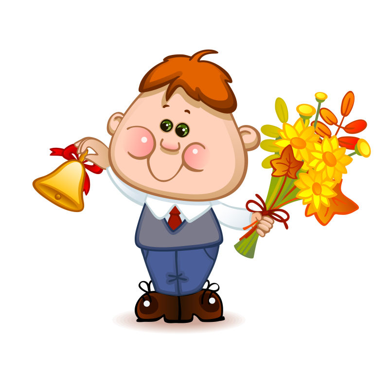 手拿铃铛和鲜花的小学生矢量插图