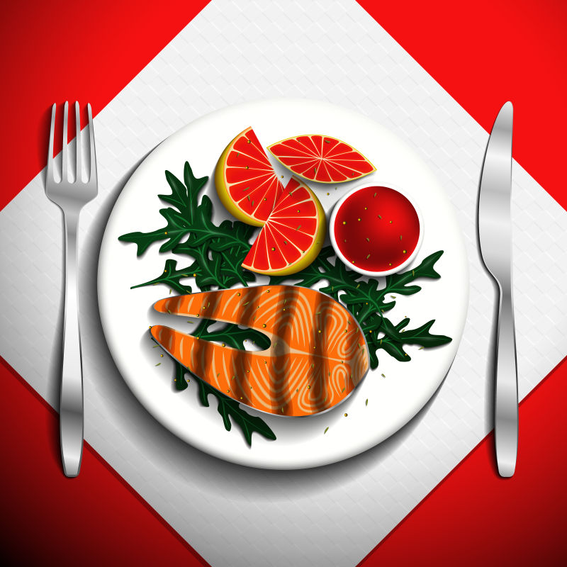 矢量三文鱼美食插图